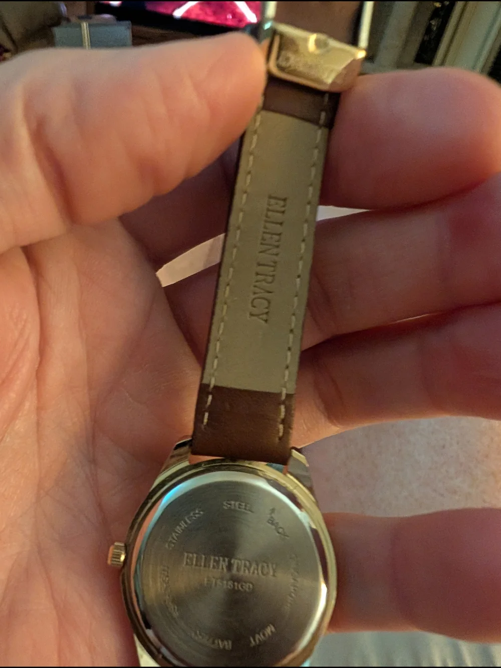Vintage Ellen Tracy Women's Gold Dial Watch with Brown Leather Strap New Battery